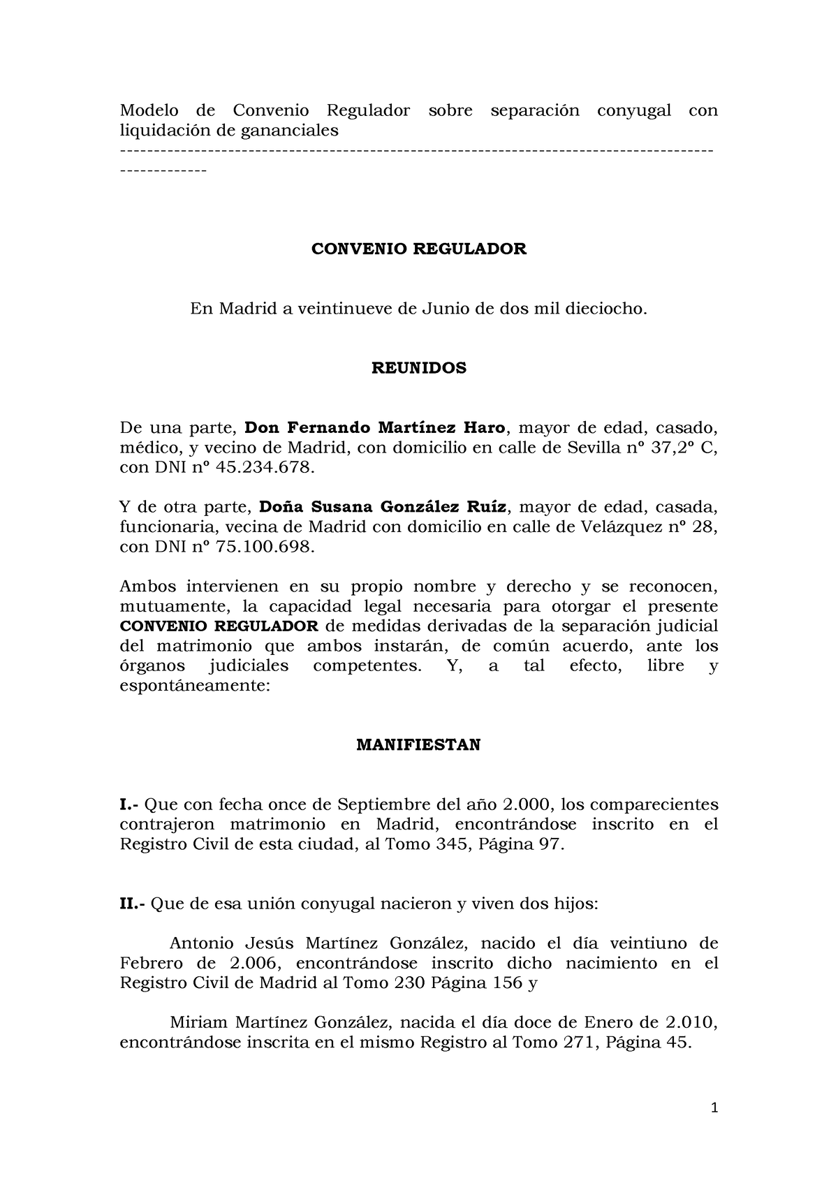 Modelo De Convenio Regulador Con Liquidación De Gananciales Modelo De Convenio Regulador Sobre 7123