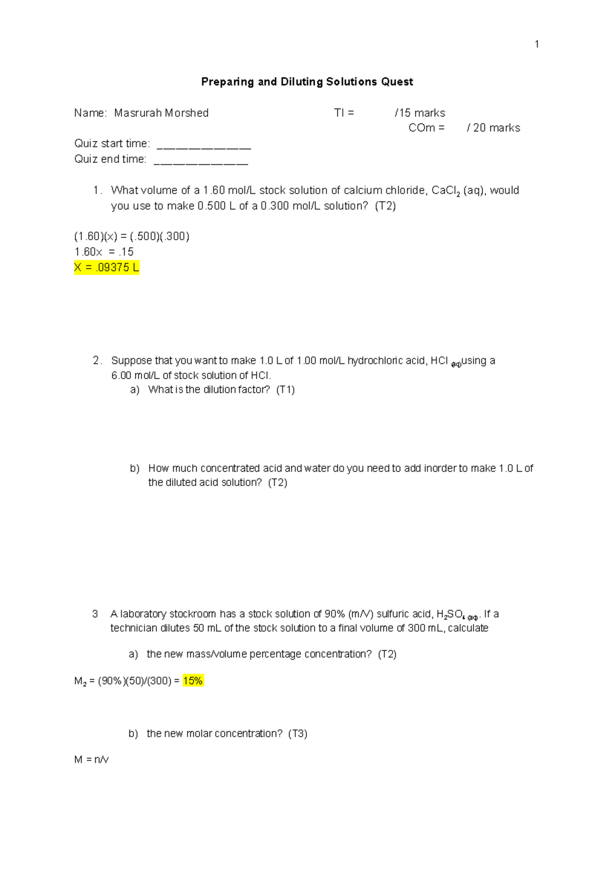 Preparing and Diluting Solutions Quest What volume of a 1 mol/L stock solution of calcium