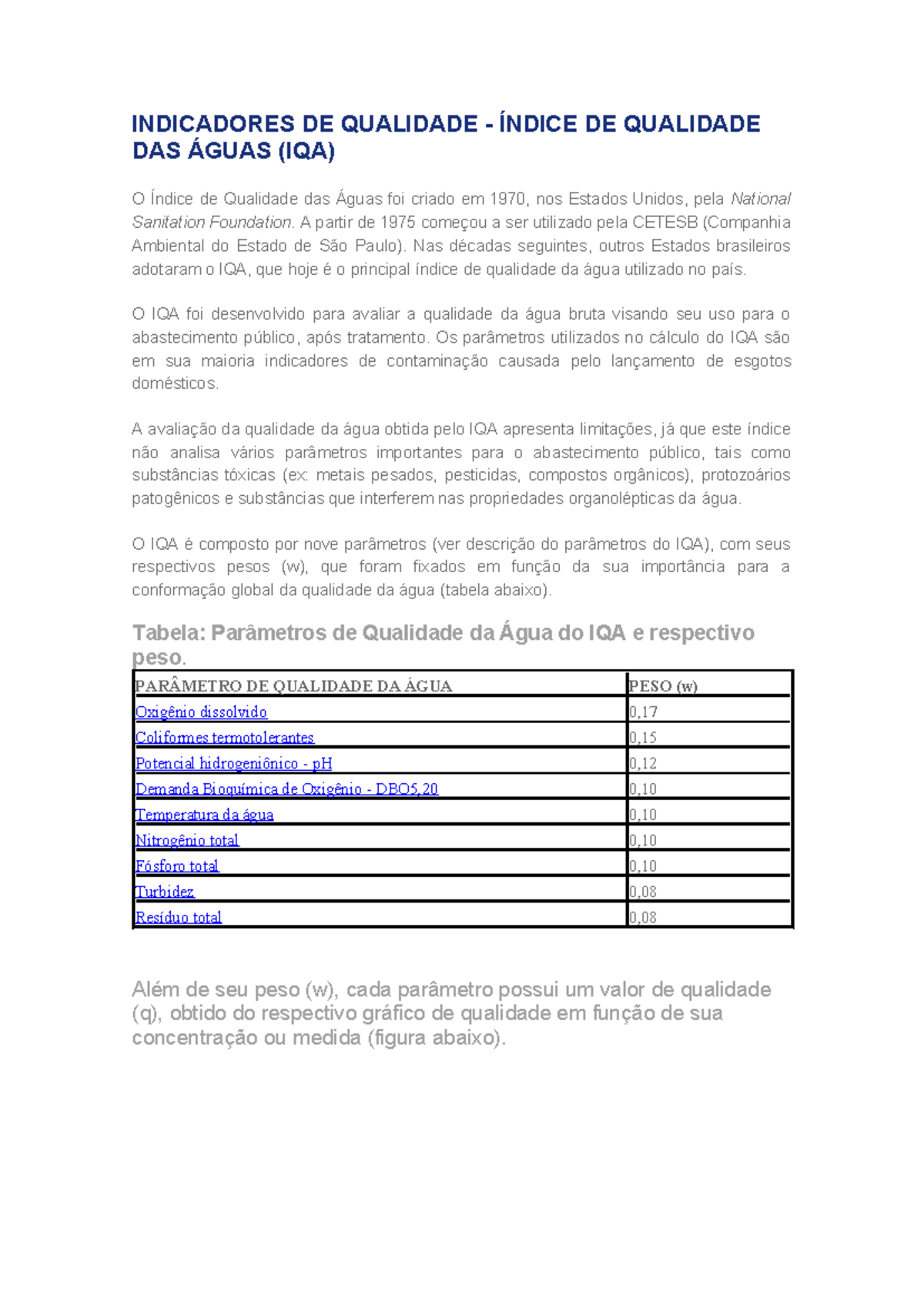 Indicadores DE Qualidade DE ÁGUA IQA - INDICADORES DE QUALIDADE ...
