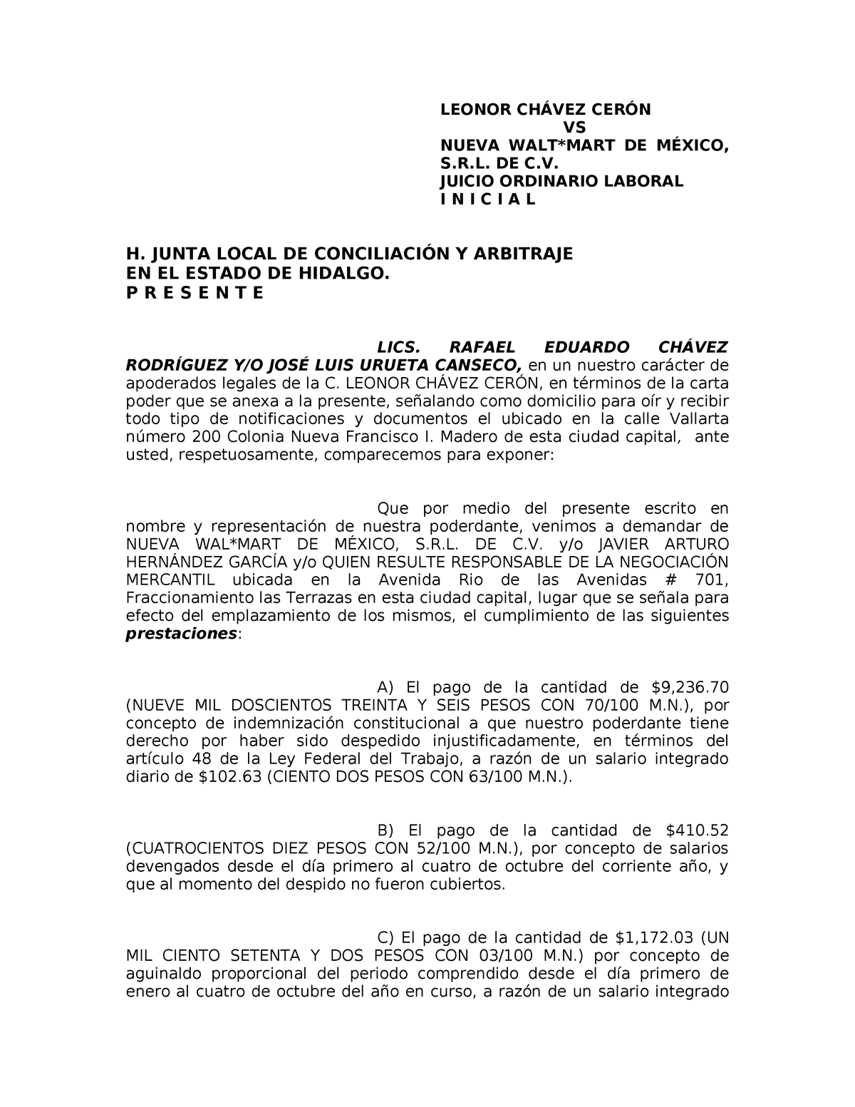 Formato-demanda-laboral - LEONOR CHÁVEZ CERÓN VS NUEVA WALT*MART DE MÉXICO,  . DE C. JUICIO - Studocu