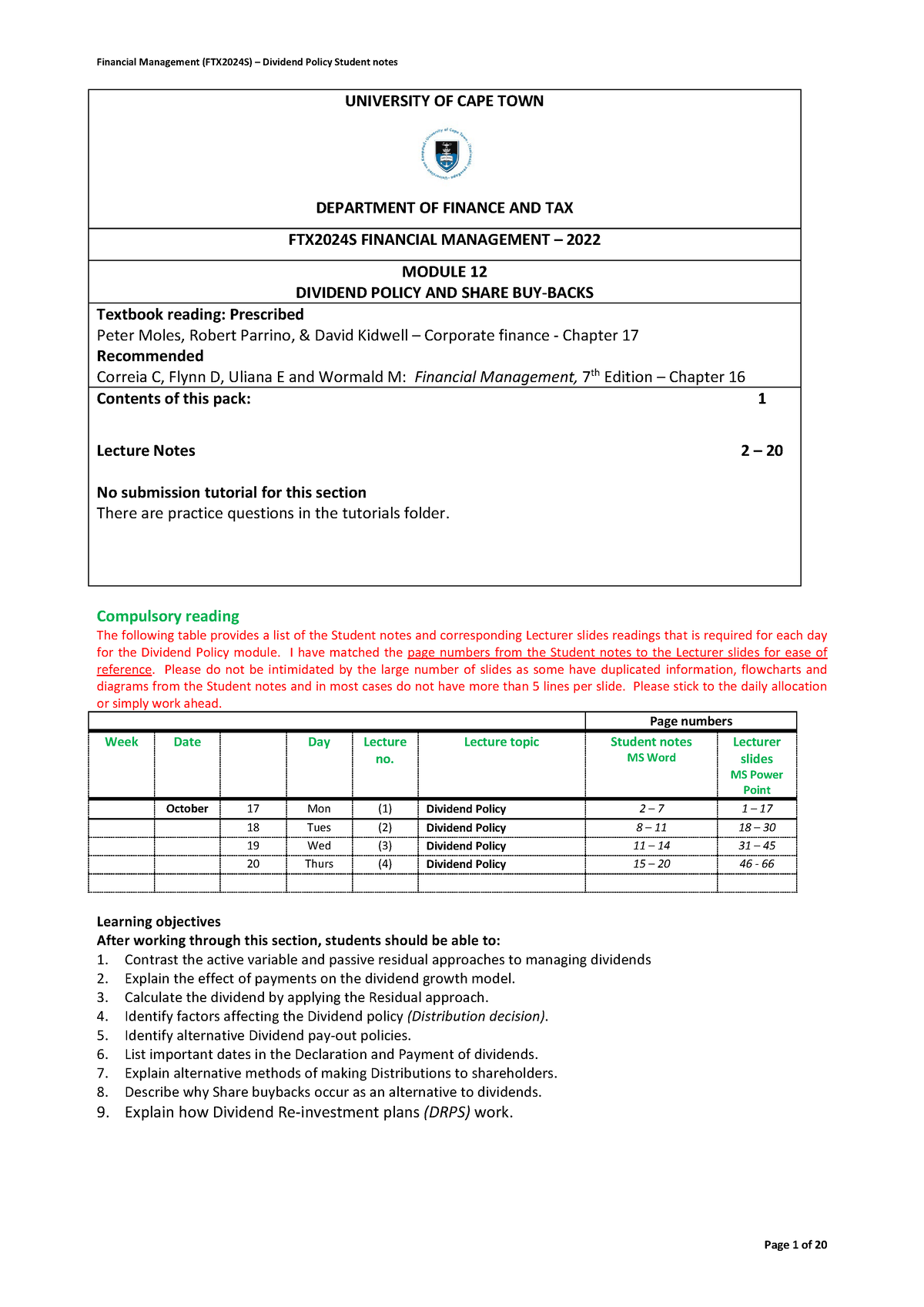 FTX2024S Dividend Policy Student Notes UNIVERSITY OF CAPE TOWN   Thumb 1200 1697 