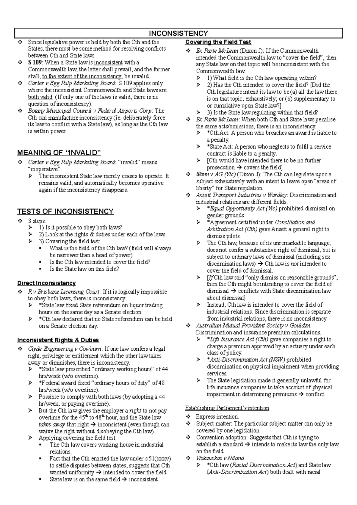 Constitutional Law 7 - Inconsistency - INCONSISTENCY Since legislative ...