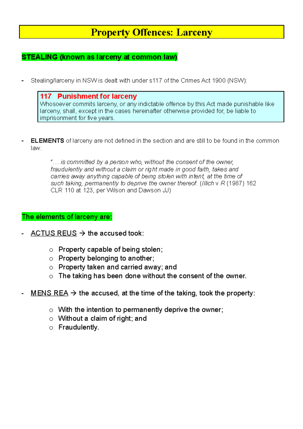 Exam Notes - Criminal Law - Property Offences - Property Offences ...