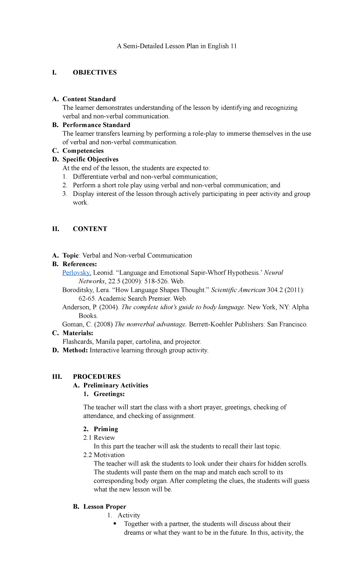 LP for English 11 - Lesson plan for Eng 11 - A Semi-Detailed Lesson ...