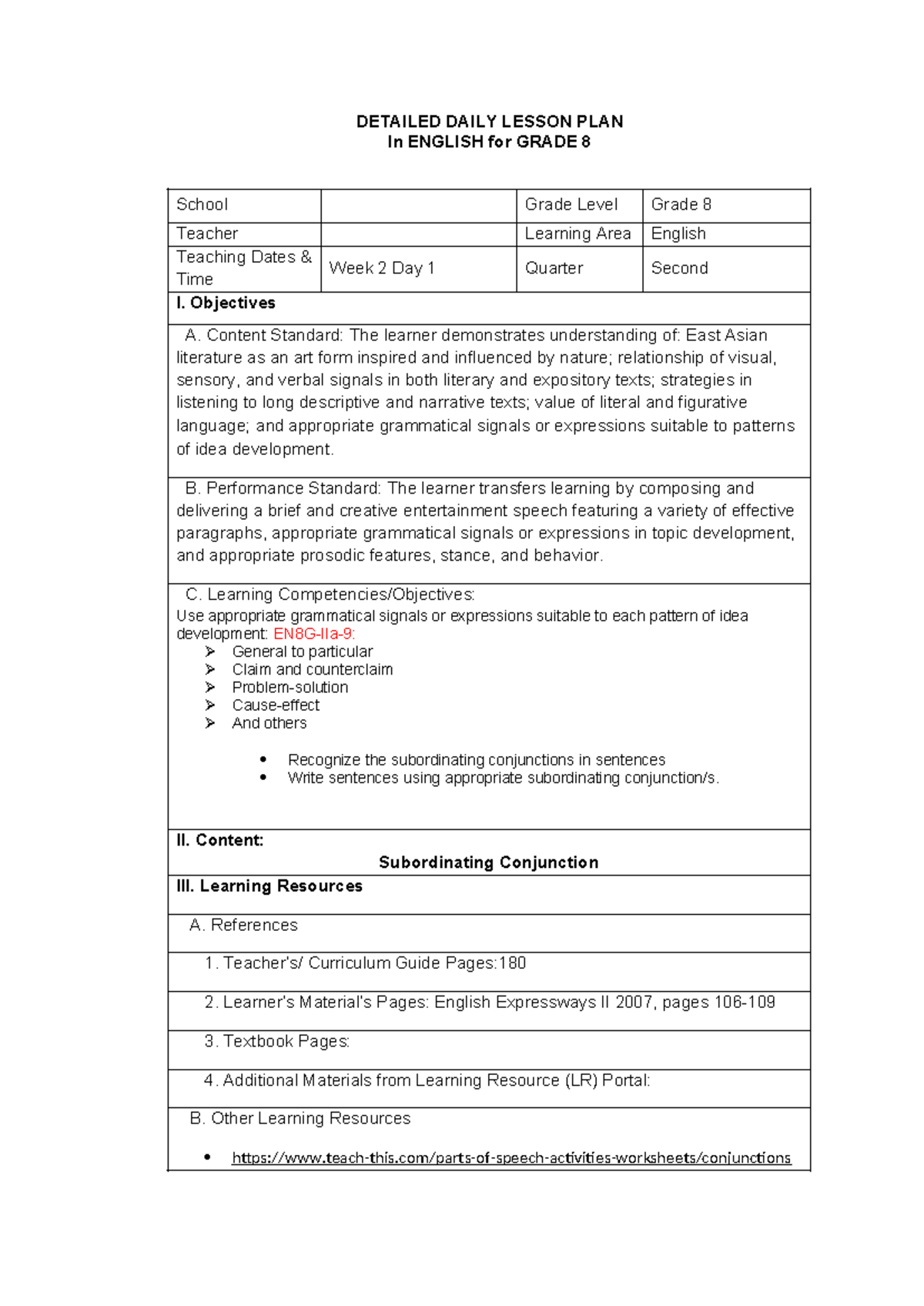 Detailed Daily Lesson PLAN In English fo - DETAILED DAILY LESSON PLAN ...