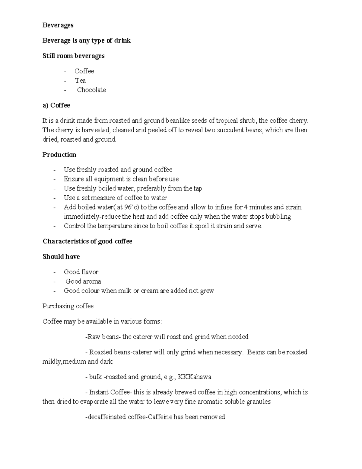 FOOD AND Beverage Production Theory II Notes Beverages Beverage is