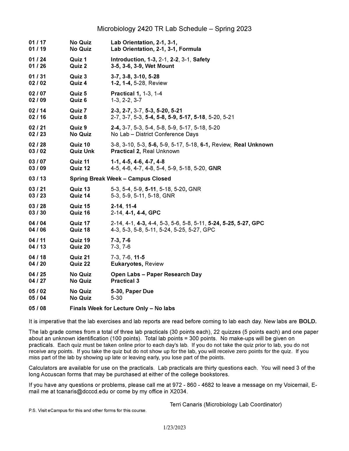 2023SPBIOL2420.TR Lab Schedule Microbiology 2420 TR Lab Schedule