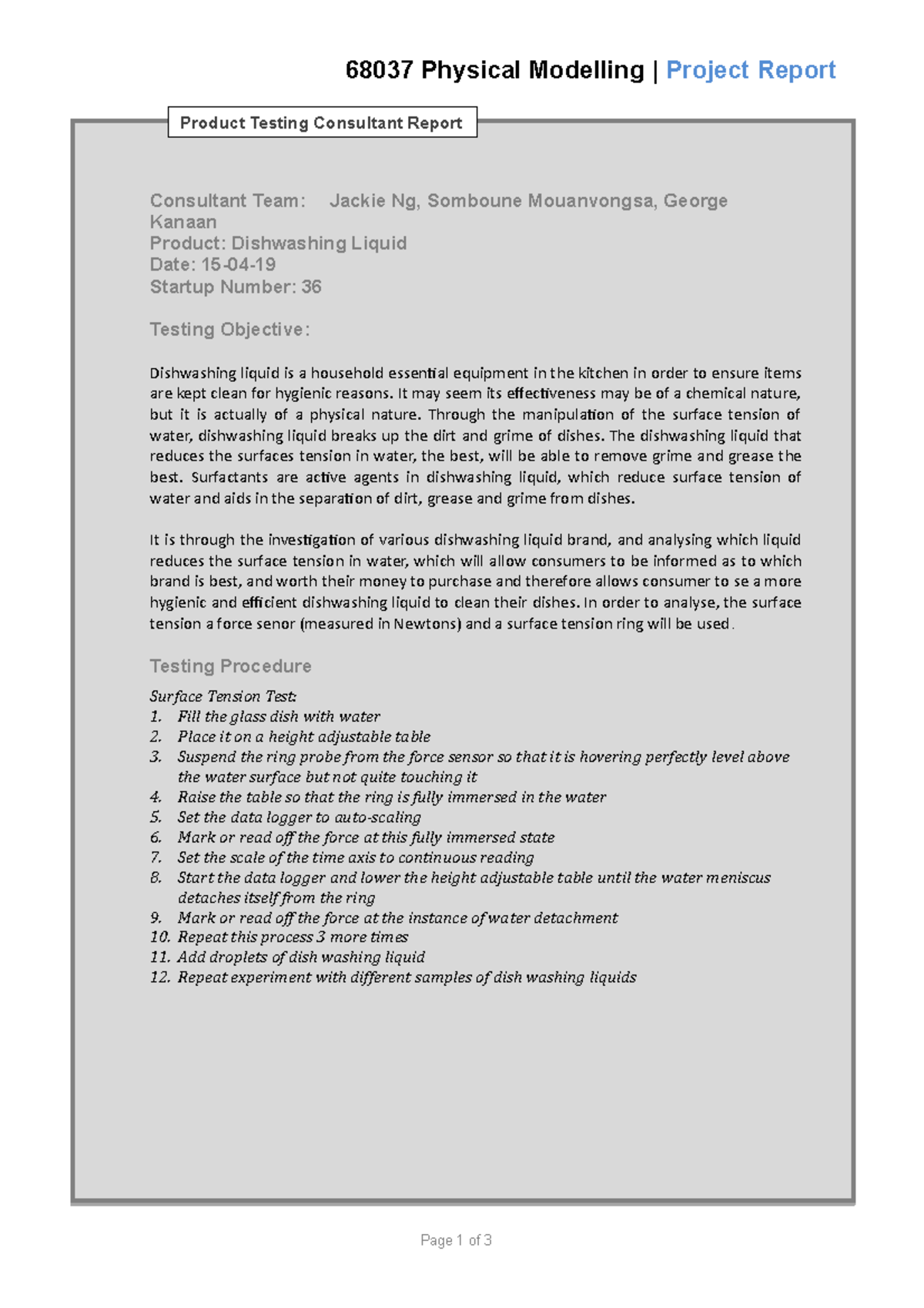 Lab Report Detergent Consultant Team Jackie Ng, Somboune Mouanvongsa