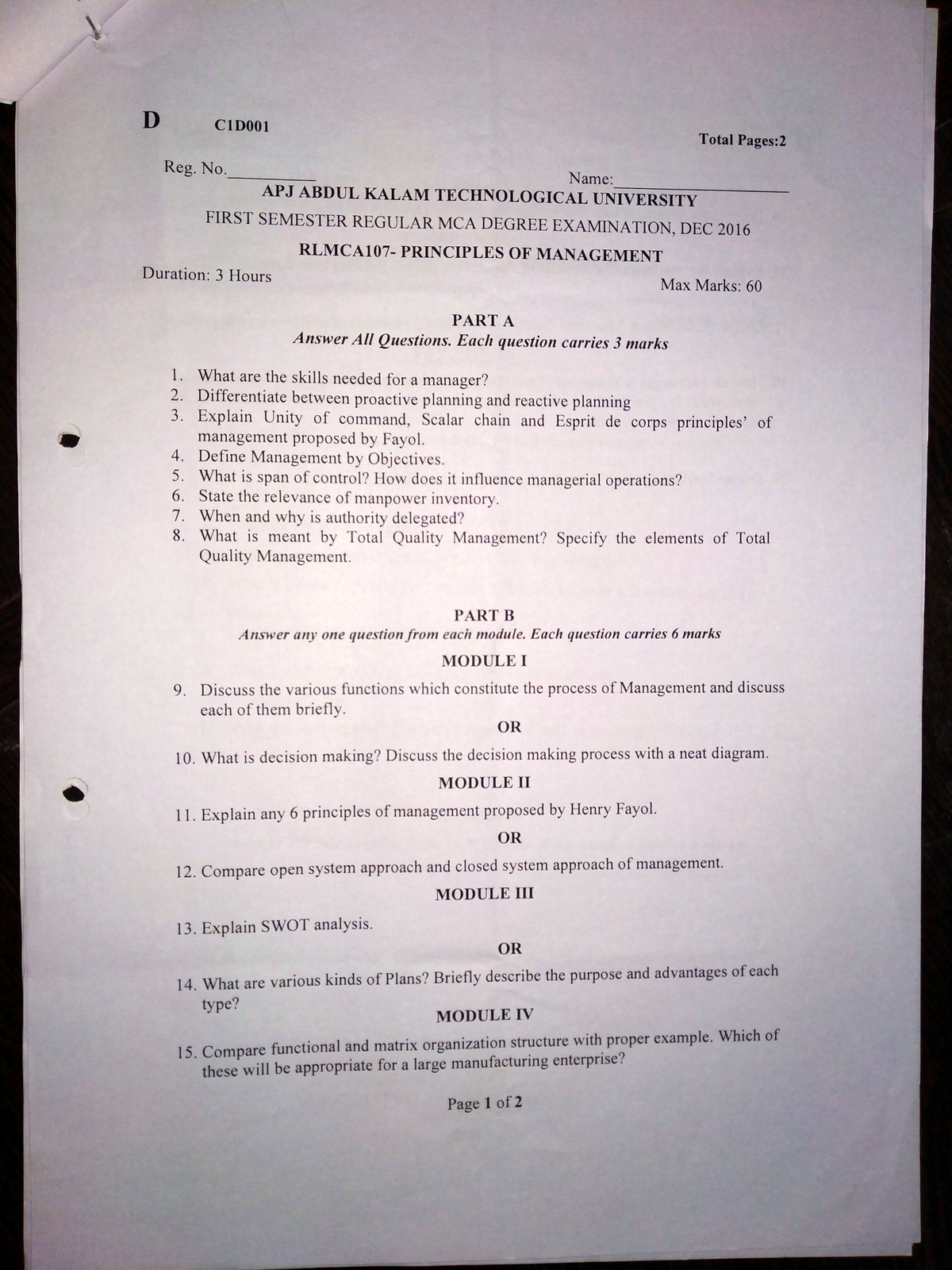 2016 mangment question paper - Principles Of Management & Communication ...
