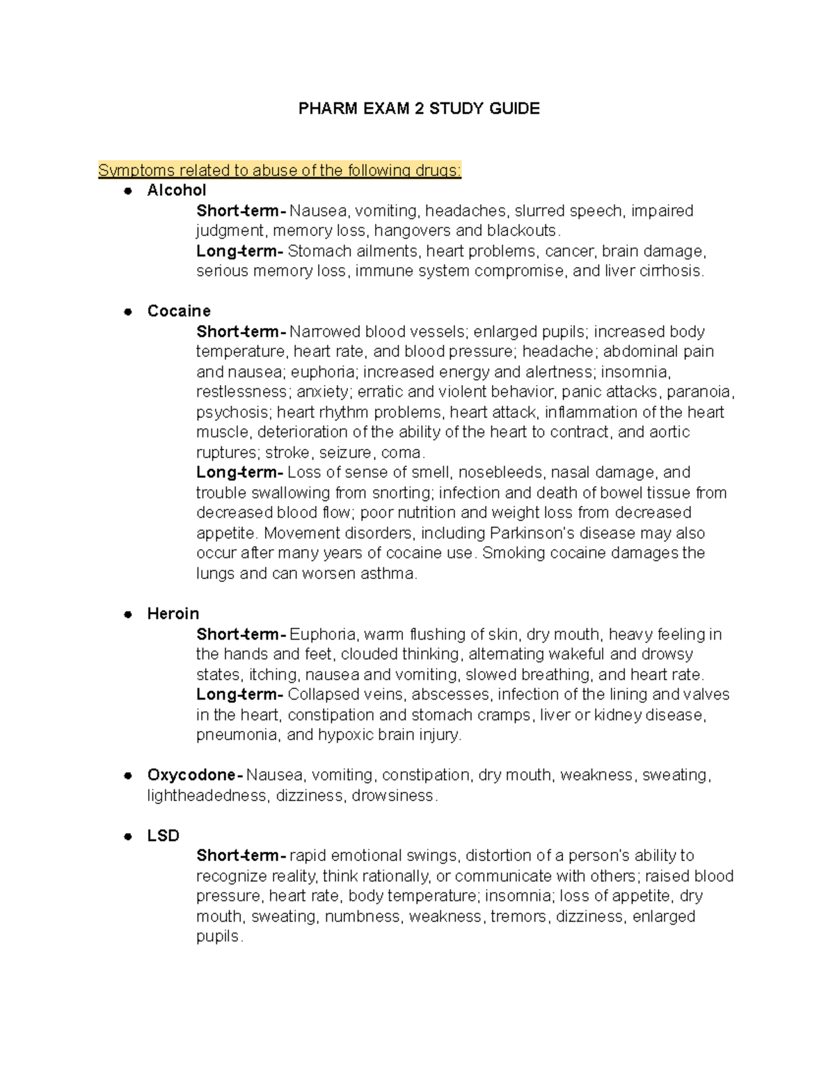 RN 35A Pharm - Exam 2 Study Guide - PHARM EXAM 2 STUDY GUIDE Symptoms ...