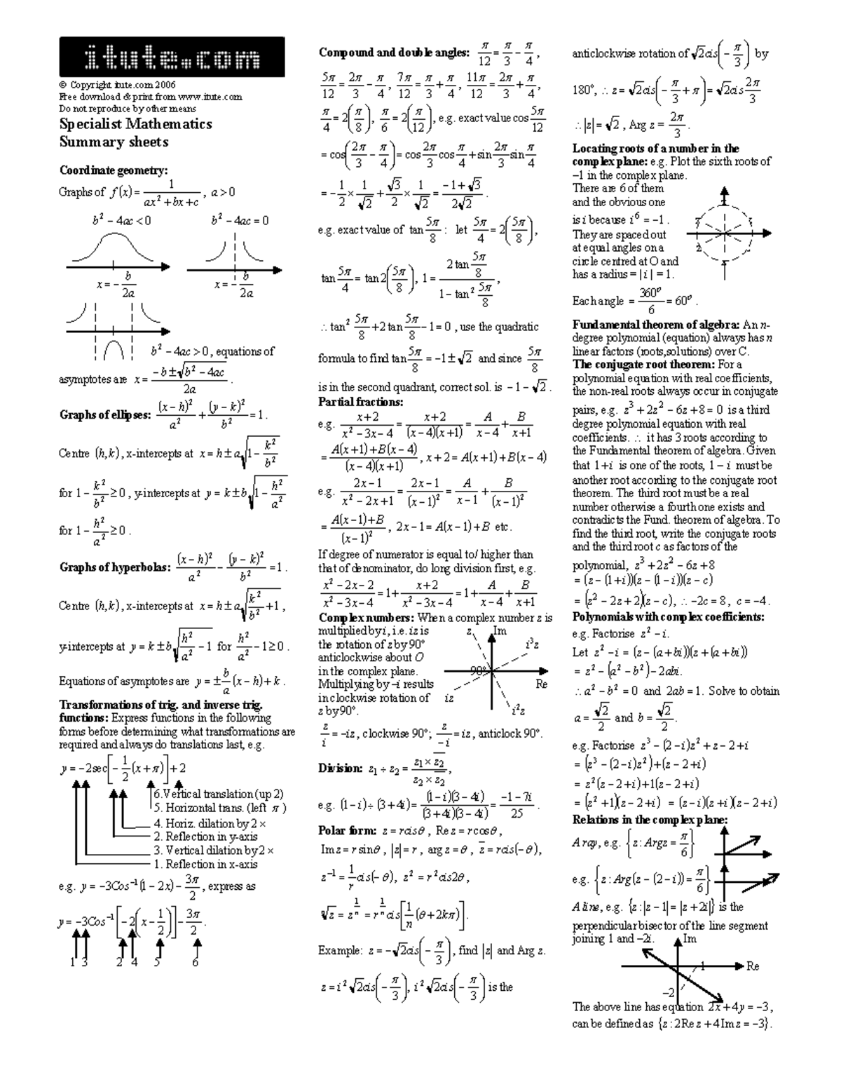 Sm summary sheetsv 2 - specialist maths VCE - Copyright itute 2006 Free ...