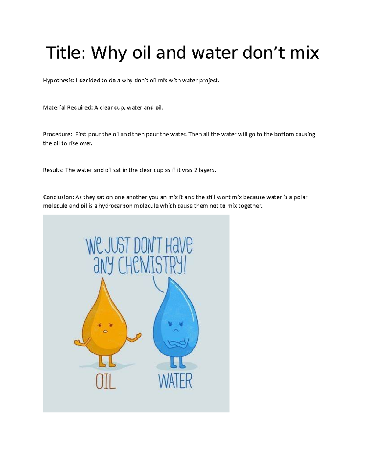 PS OIL Water Title Why oil and water don’t mix Hypothesis I decided
