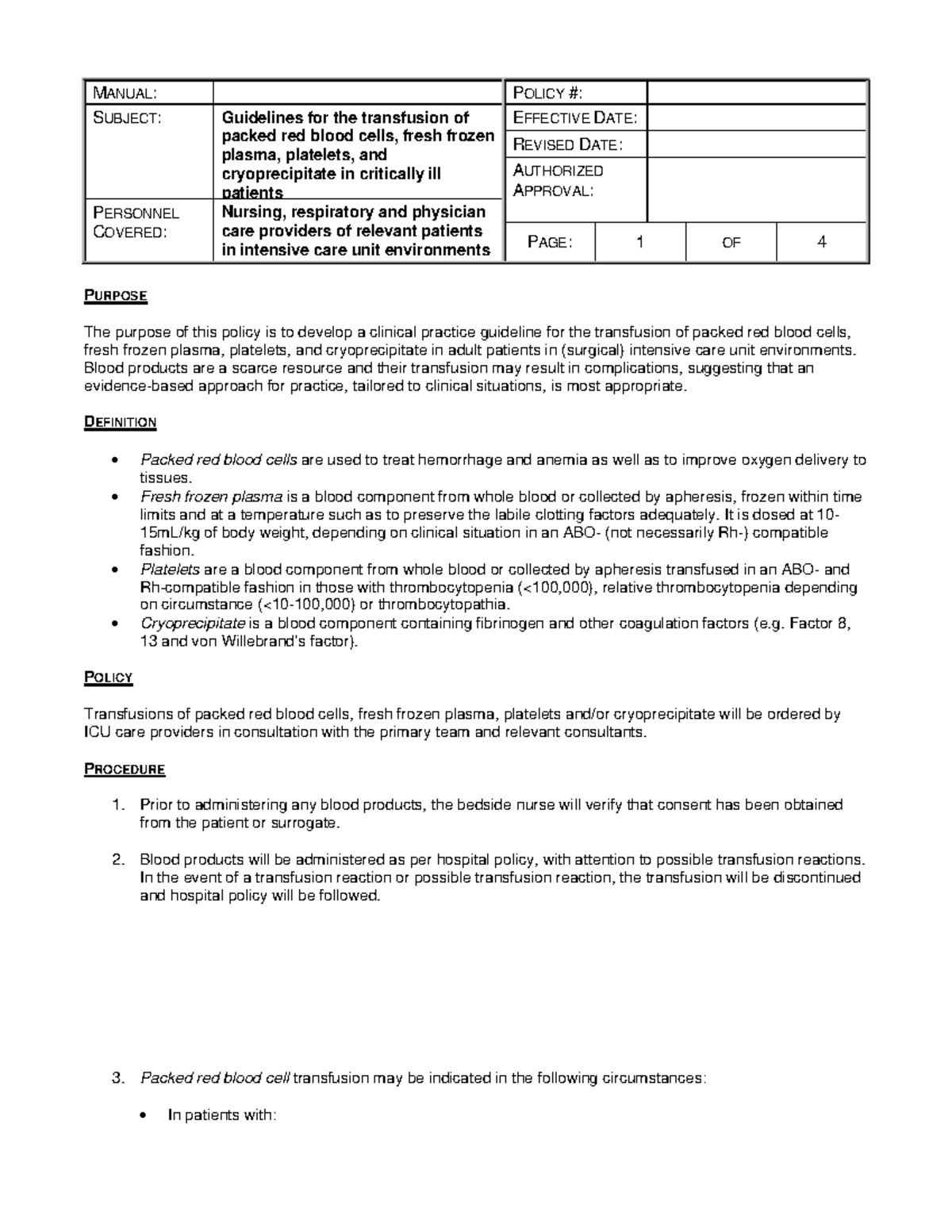 Transfusion guidelines-hemodynamic, Guidelines for the transfusion of ...