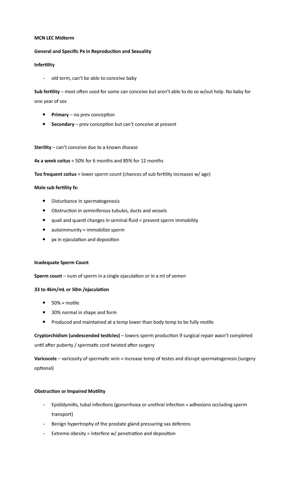 MCN LEC Midterm - nursing - MCN LEC Midterm General and Specific Px in ...