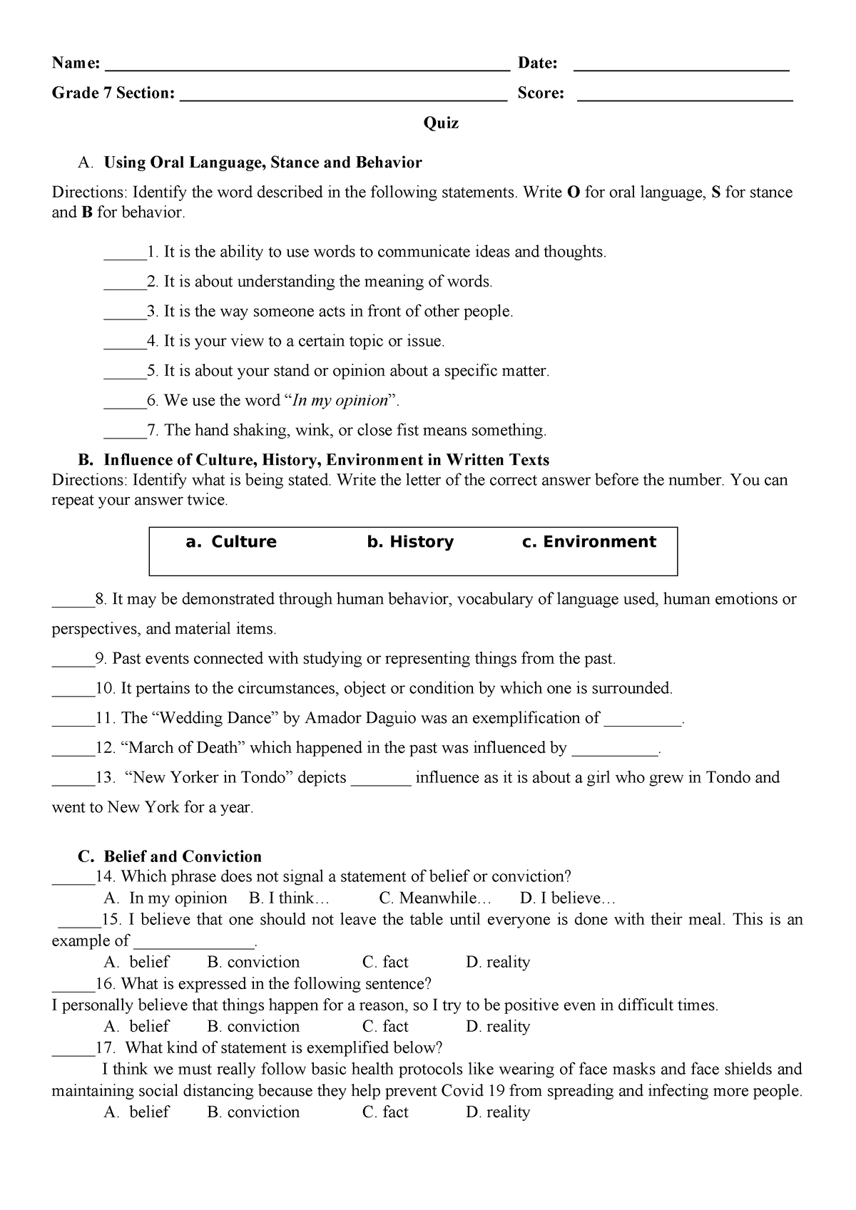 Belief and Conviction - Summative Test - Name