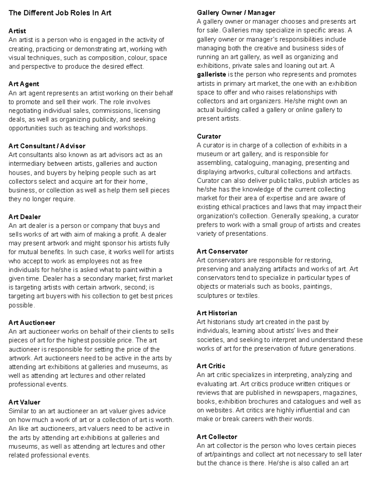 SOSC - notes - The Different Job Roles In Art Artist An artist is a ...