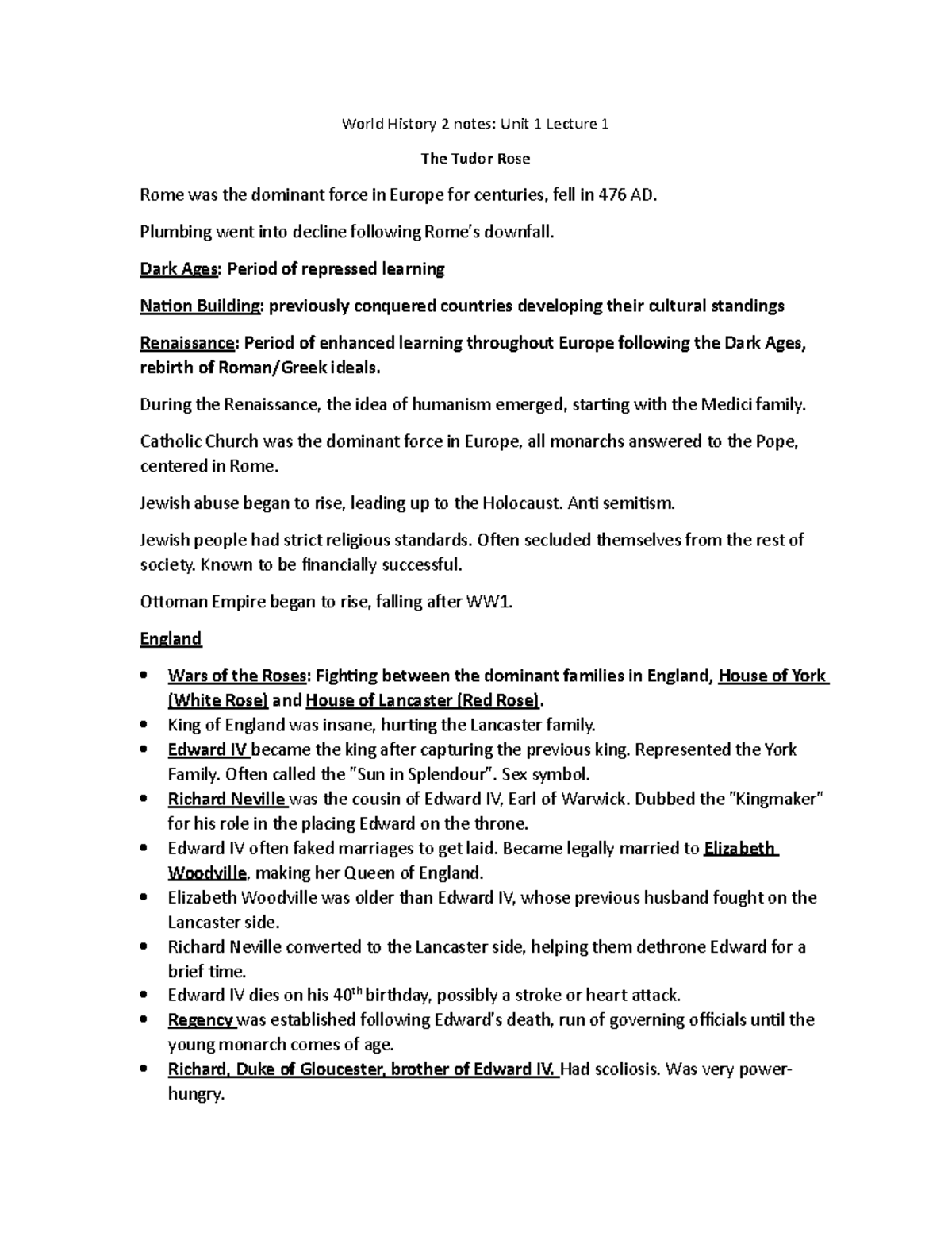 World History Lecture 1 Notes World History 2 Notes Unit 1 Lecture 1 The Tudor Rose Rome Was World History Lecture 1 Notes World History 2 Notes Unit 1 Lecture 1 The Tudor Rose Rome Was