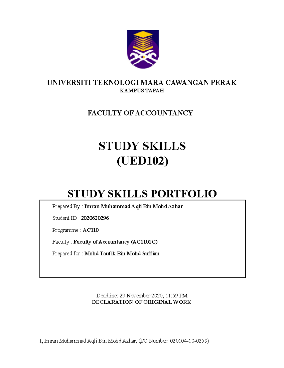 Portfolio UED102 (2020620296) Imran Muhammad Aqli Bin Mohd Azhar ...
