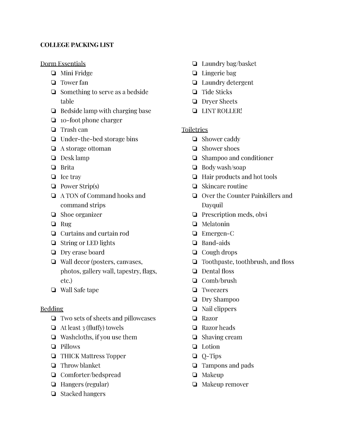 Sophie's Printable College Packing List - COLLEGE PACKING LIST Dorm ...