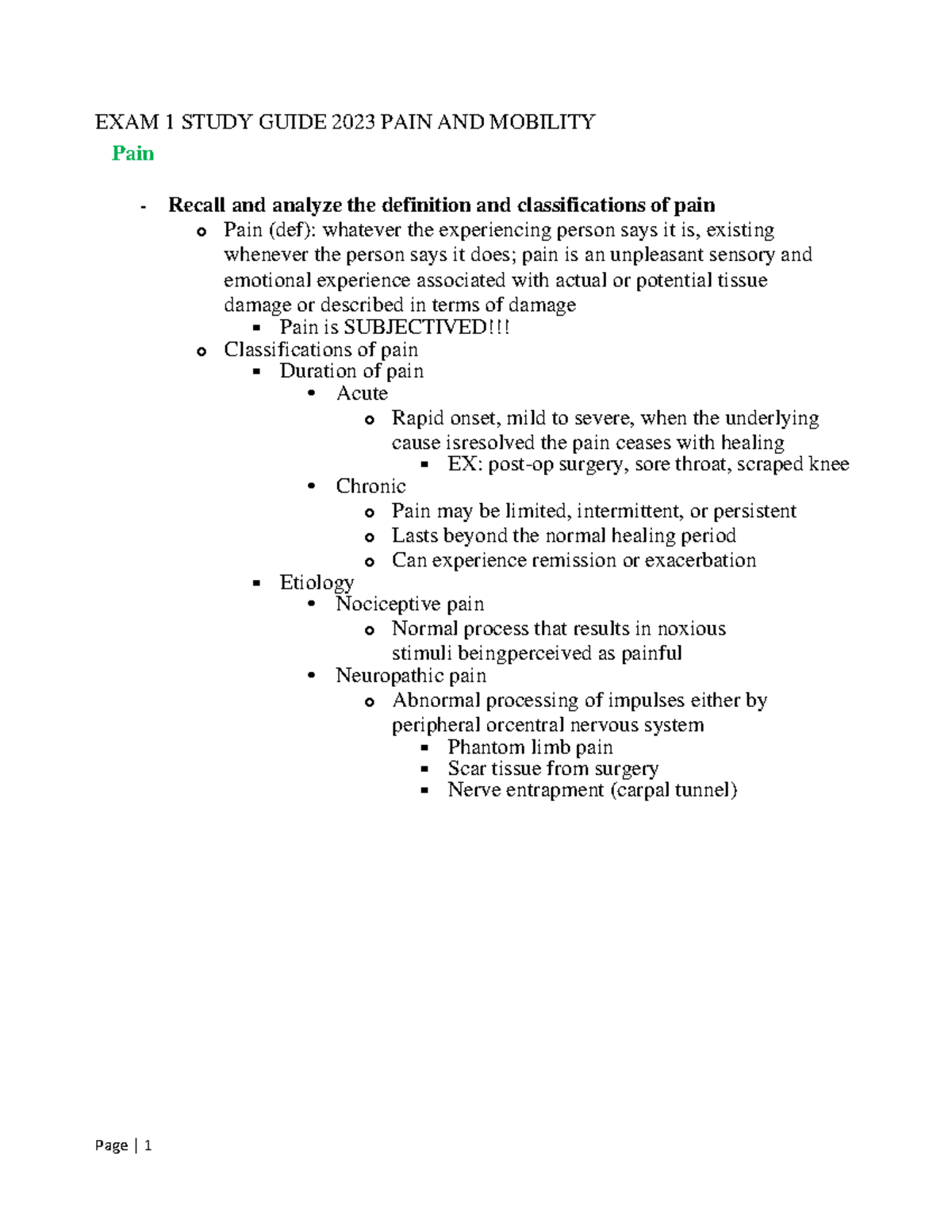 EXAM 1 Study Guide 2023 PAIN AND Mobility - EXAM 1 STUDY GUIDE 2023 ...