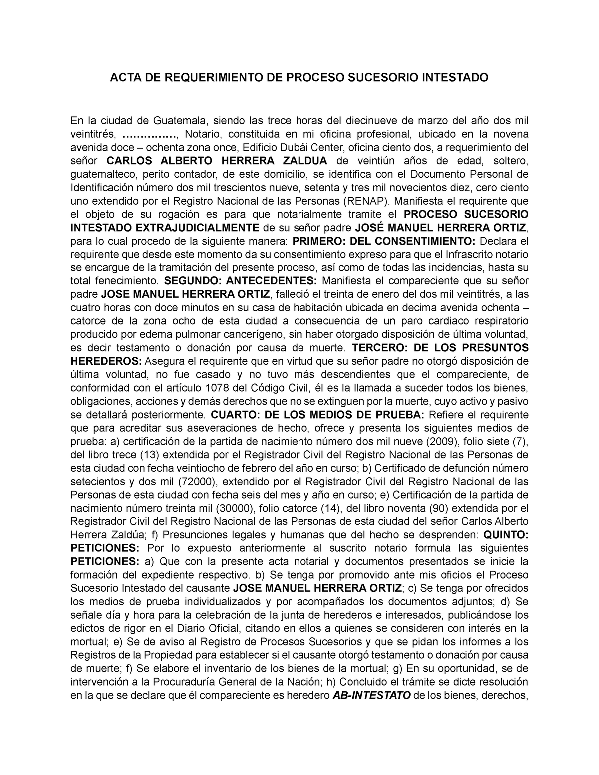 Acta De Requerimiento De Proceso Sucesorio Intestado Acta De Requerimiento De Proceso