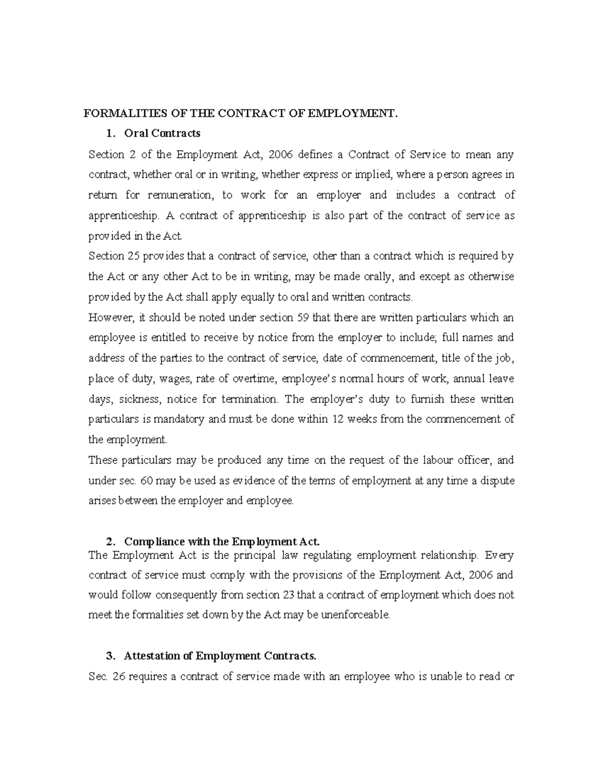 Labour LAW 1UNIT 4 - FORMALITIES OF THE CONTRACT OF EMPLOYMENT. Oral ...