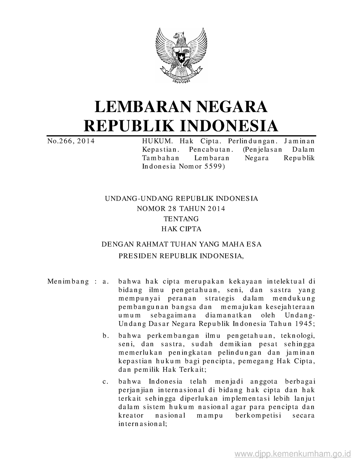 UU Hak Cipta No.28 Tahun 2014 - LEMBARAN NEGARA REPUBLIK INDONESIA No 6 ...