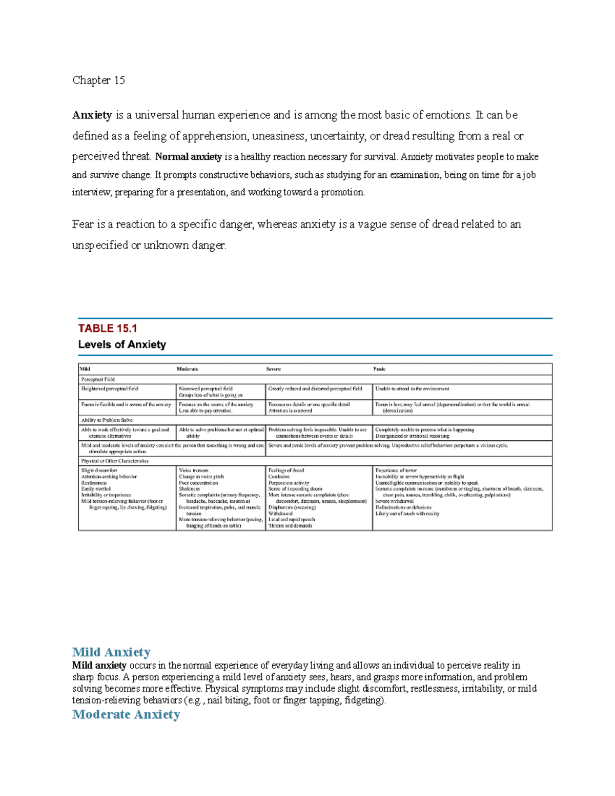 Study Guide Exam 2 Chapter 15 Anxiety is a universal human experience and is among the most