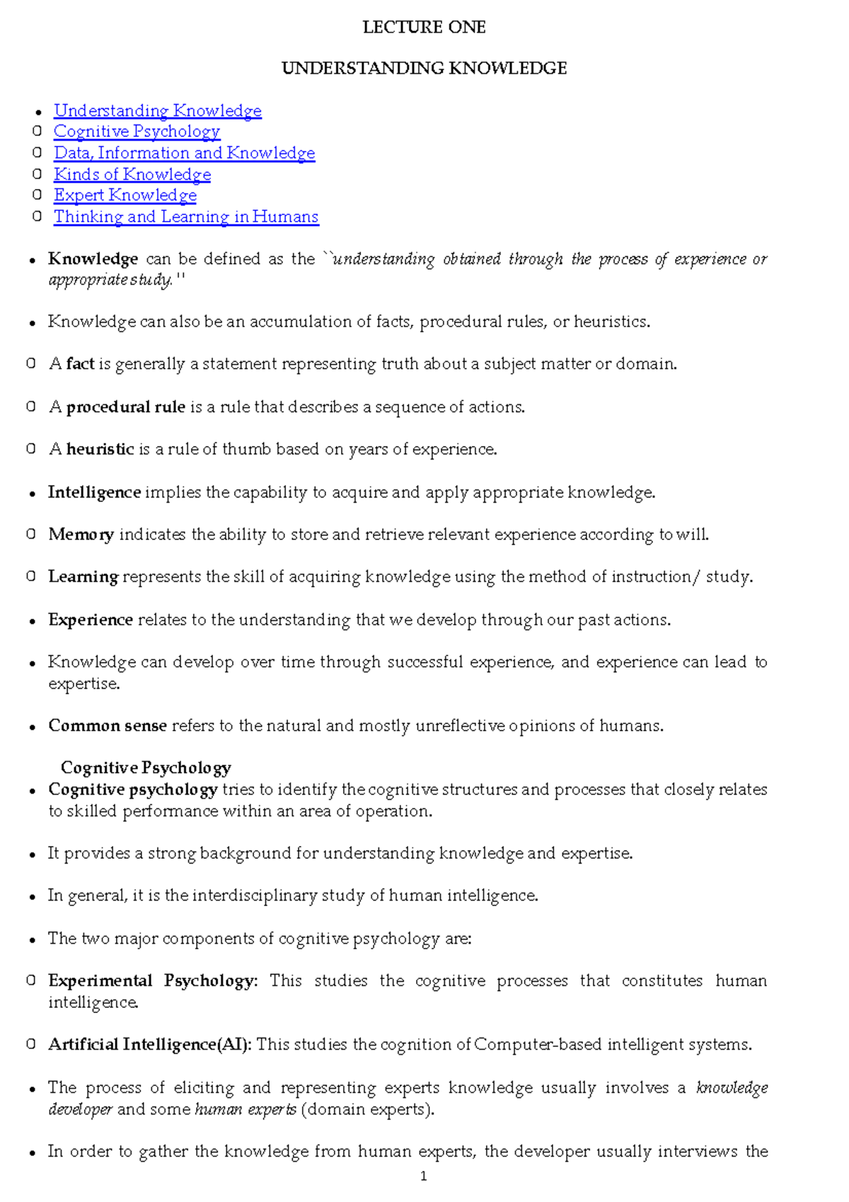 L Ecture ONE Understanding KBS - LECTURE ONE UNDERSTANDING KNOWLEDGE ...
