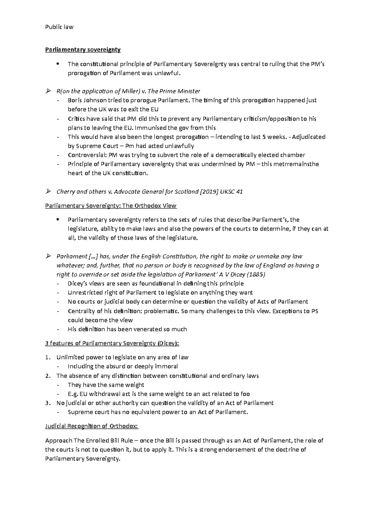 Parliamentary Sovereignty Lecture Notes - Parliamentary Sovereignty The ...