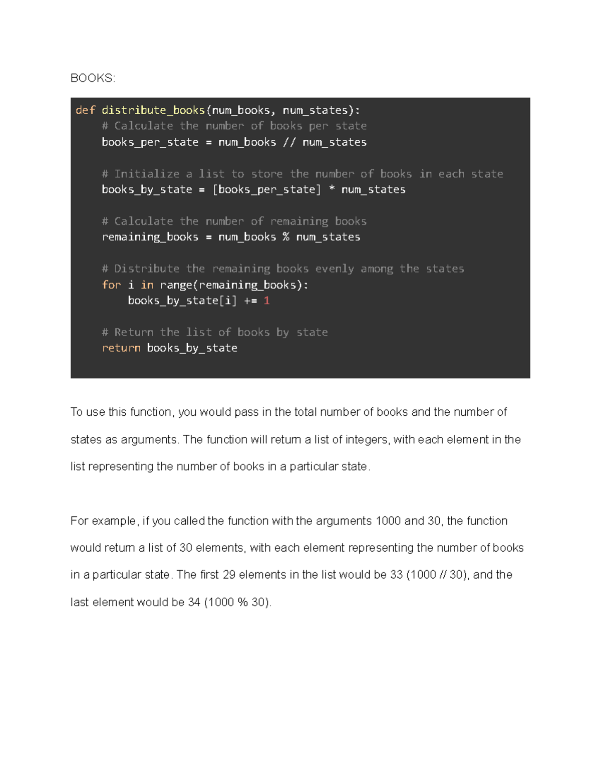 BOOKS Function (Assignment #3) - BOOKS: def distribute_books(num_books ...