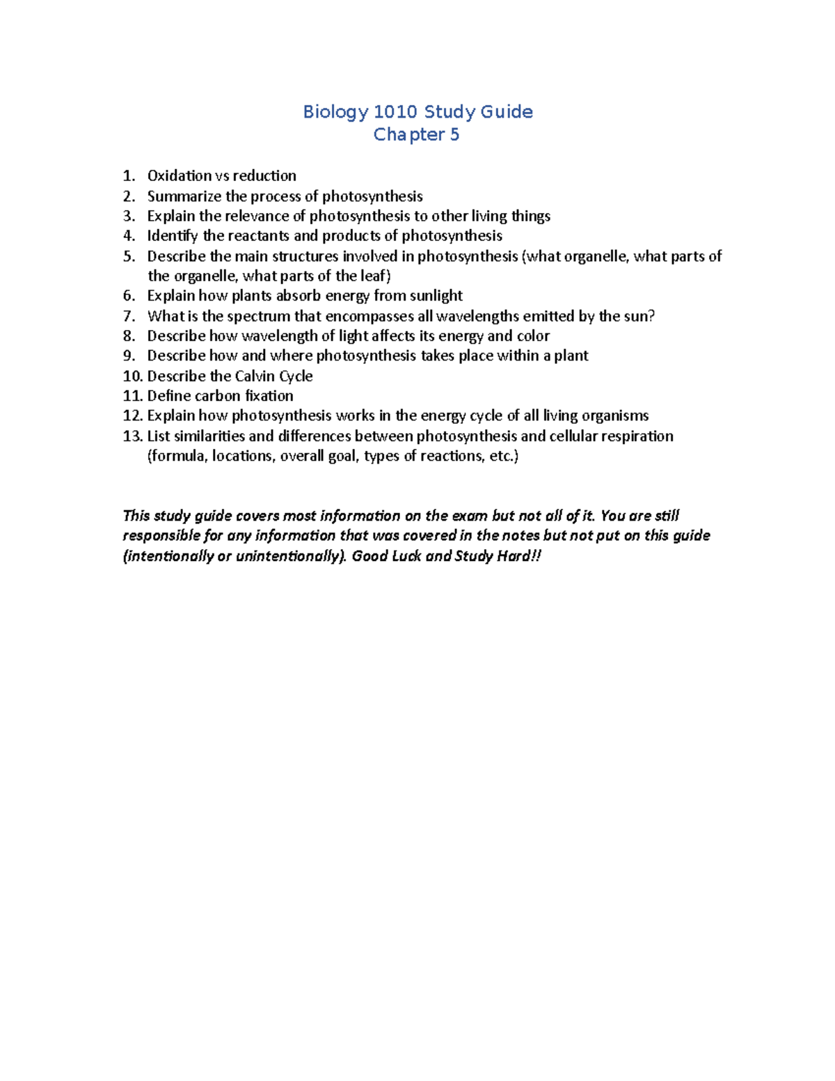 Chapter 5 SG study guide and answers Biology 1010 Study Guide