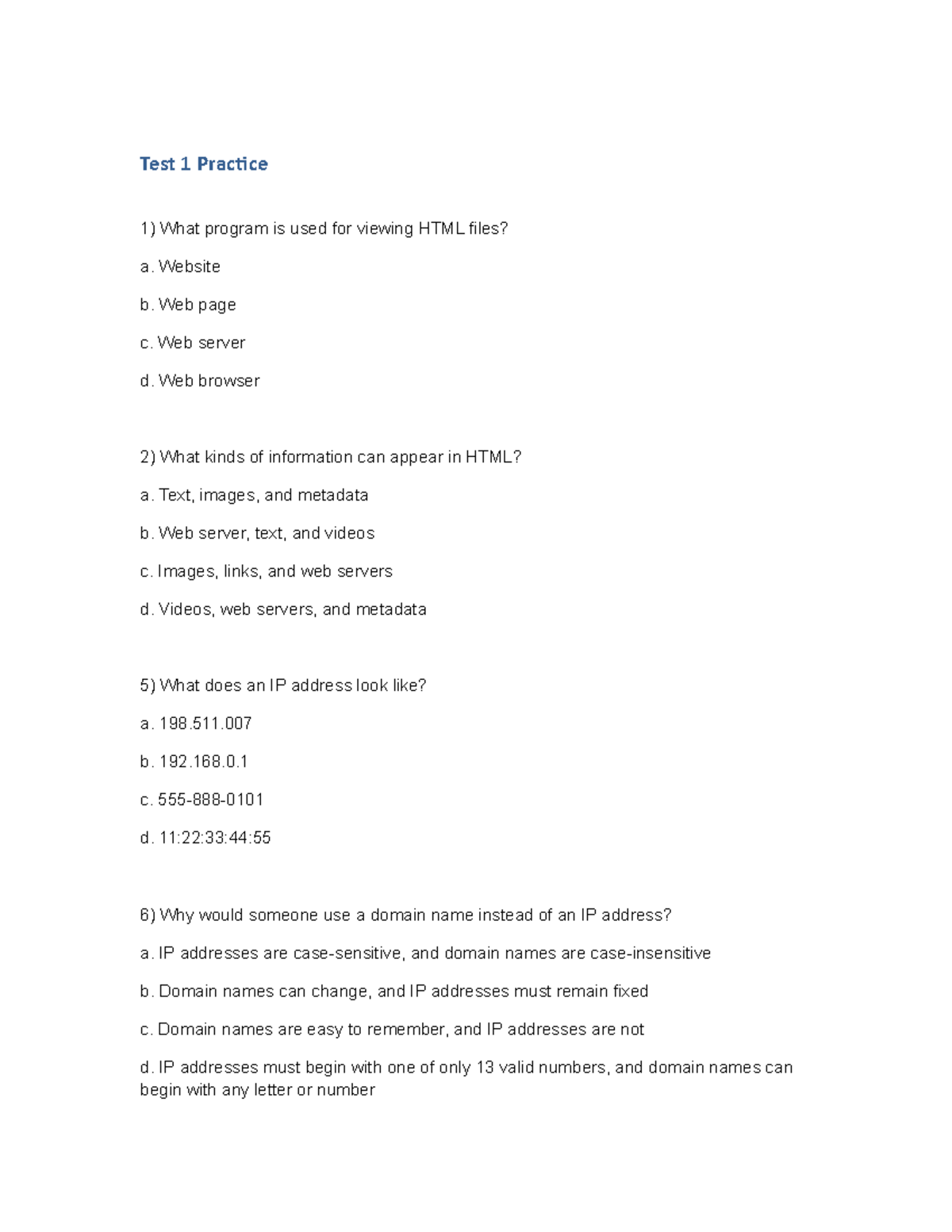 Test 1 Practice+%281%29 - Test 1 Pracice What program is used for ...