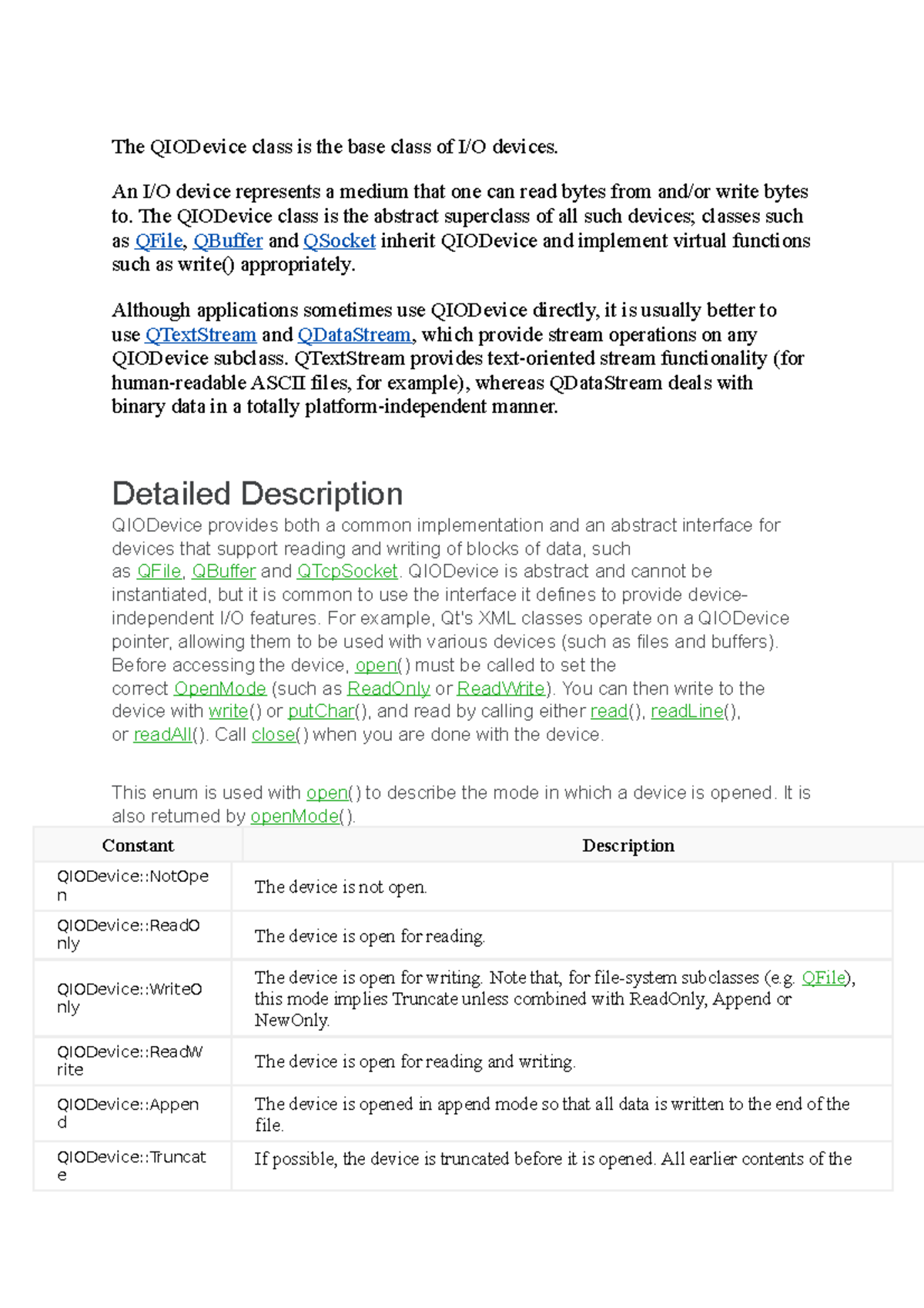 The QIODevice class is the base class of I An I/O device represents a