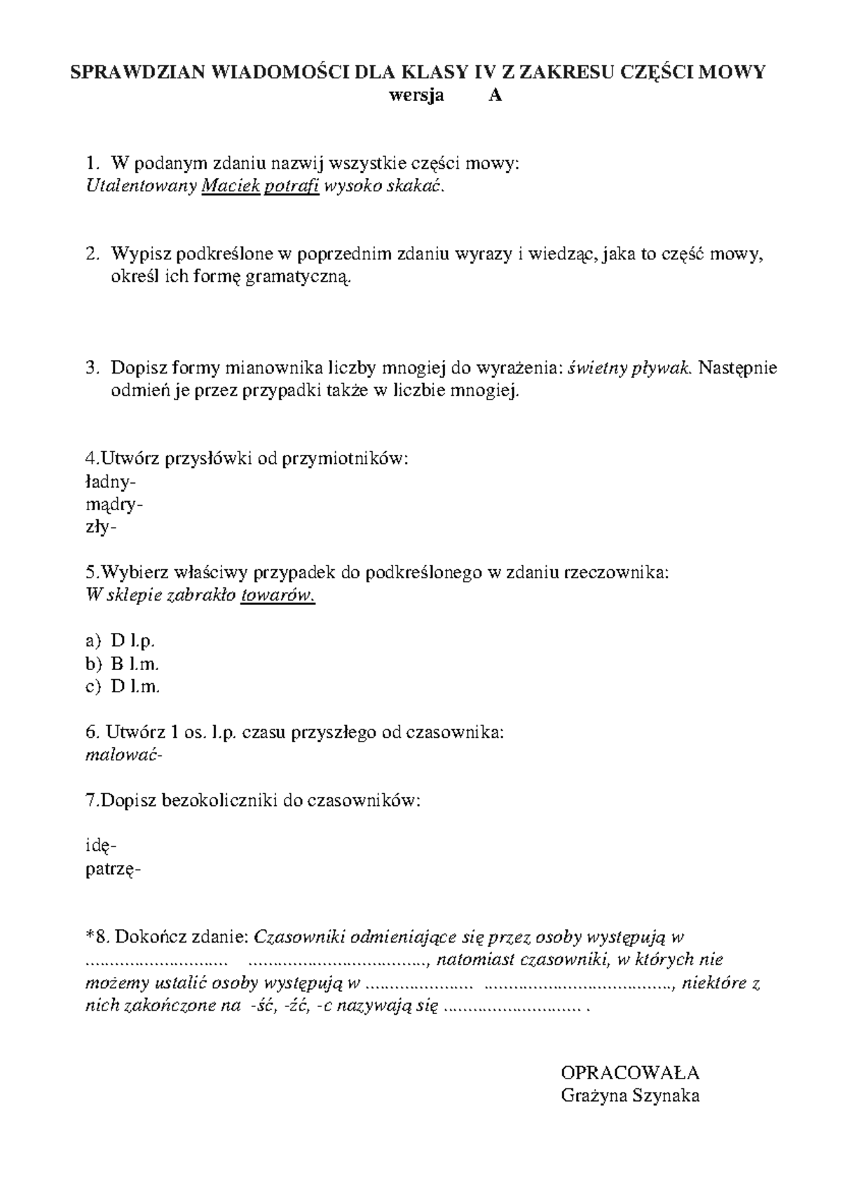 Sprawdzian Wiadomości Z Częsci Mowy Kl 6 www.studocu.com