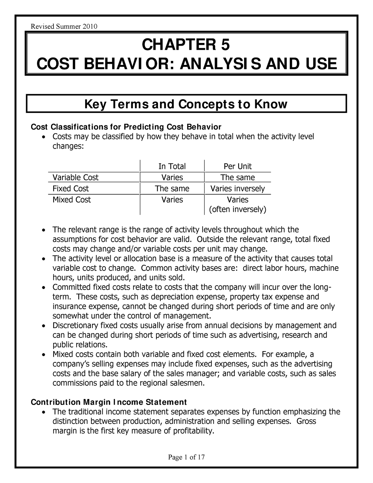 Chapter 5 COST Behavior Analysis AND USE - Revised Summer 2010 CHAPTER ...