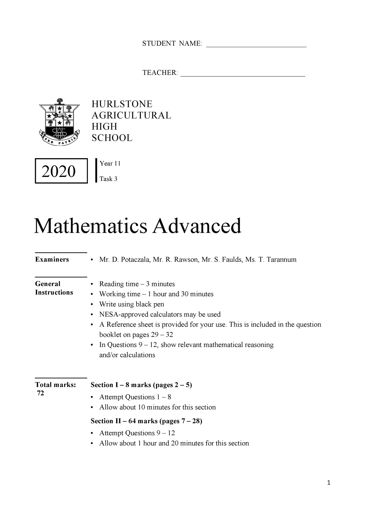 2020 Yr 11 Advance Maths Task 3 - Student Name 