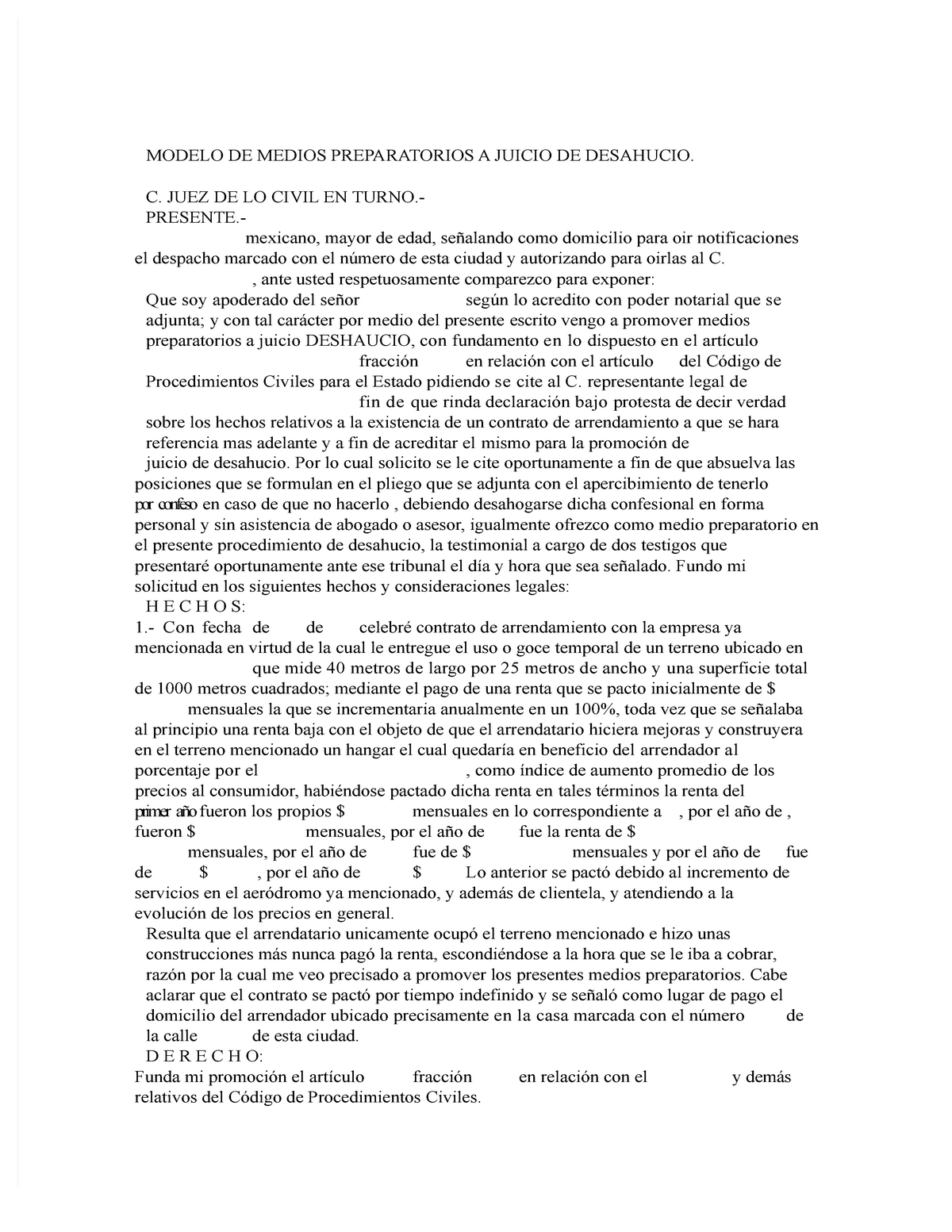 Pdf modelo de medios preparatorios a juicio de desahucio - MODELO DE MEDIOS  PREPARATORIOS A JUICIO - Studocu