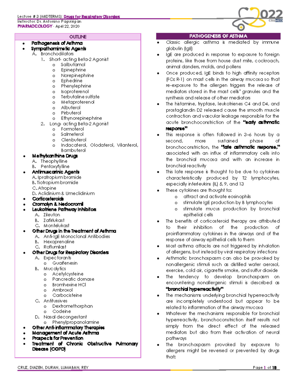 2022 Pharmacology S2T16 Drugs FOR Respiratory Disorders - Instructor ...