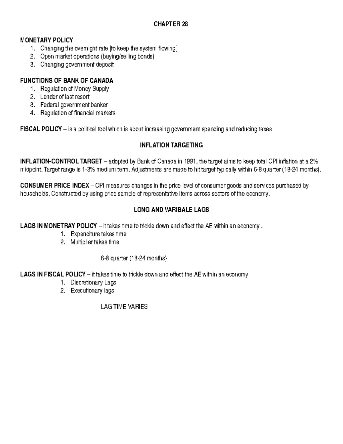 Chapter 28 Lecture Notes Macroeconomics - CHAPTER 28 MONETARY POLICY ...