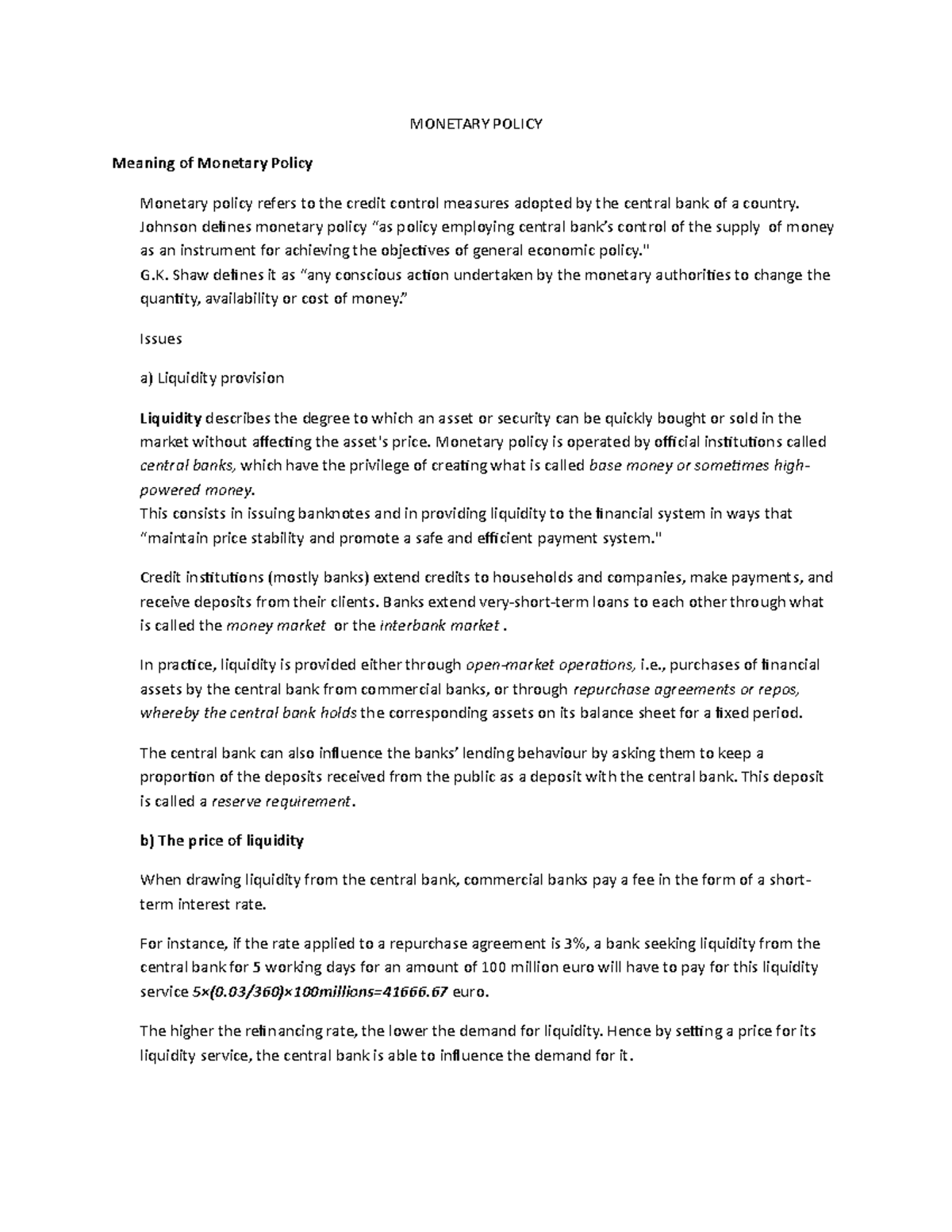 Monetary Policy Lecture Notes 6 MONETARY POLICY Meaning Of Monetary 