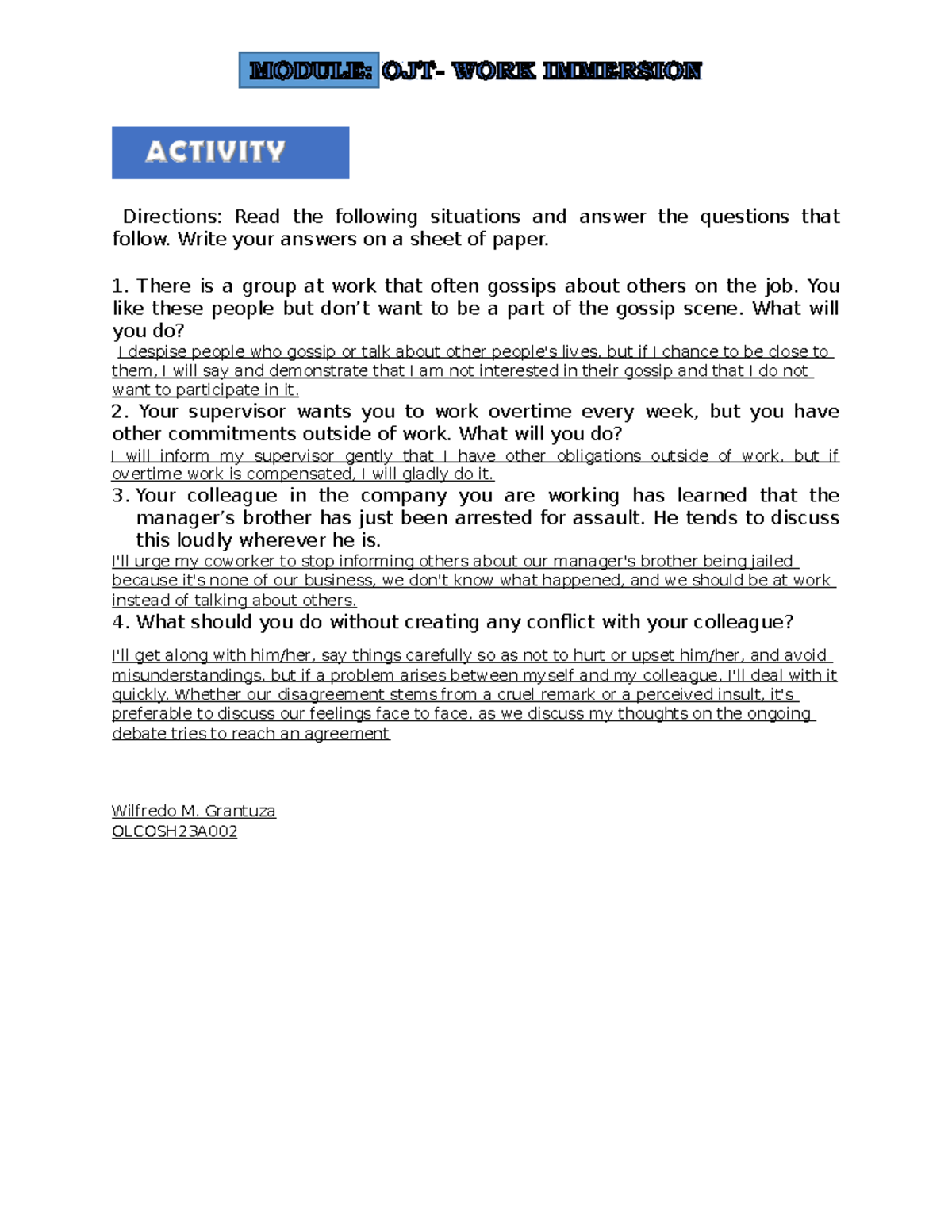 Activity Chapter 4 - Directions: Read the following situations and ...