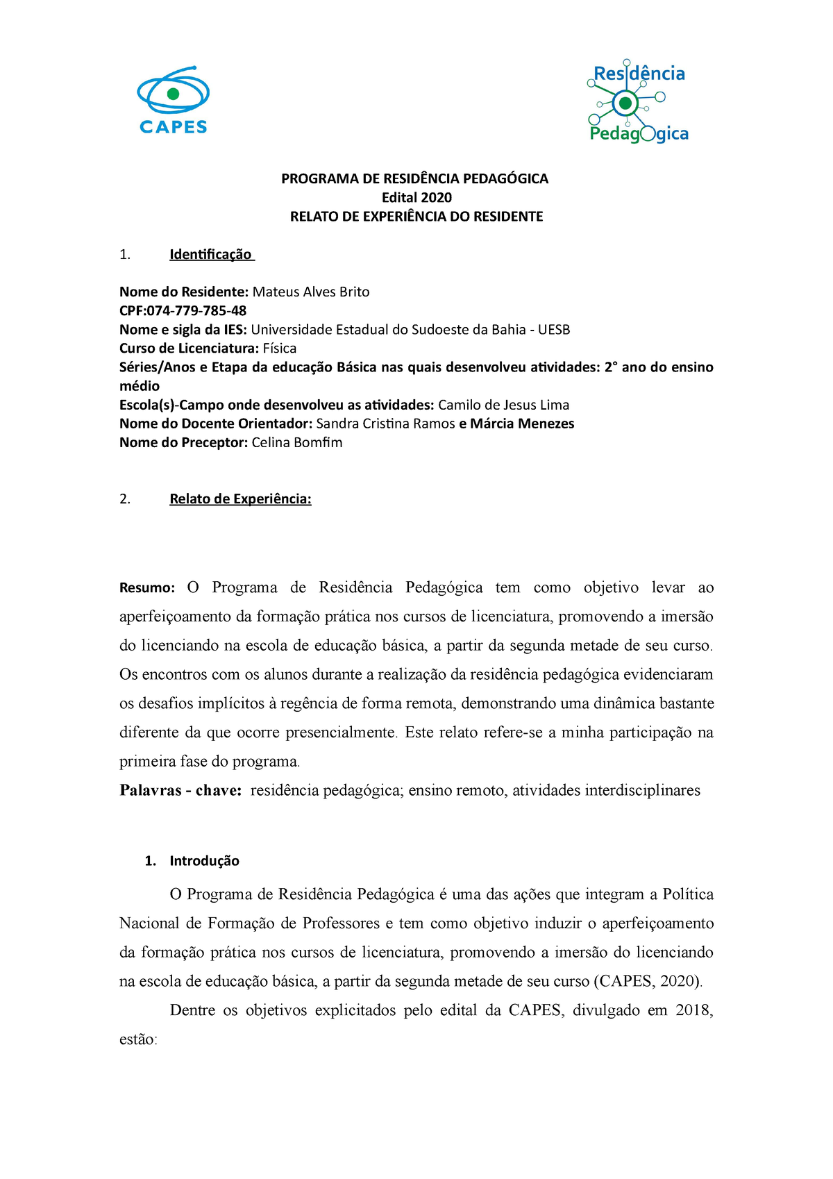 Relatório Final Da Residência Pedagógica Mateus Sandra Programa De ResidÊncia PedagÓgica 3876