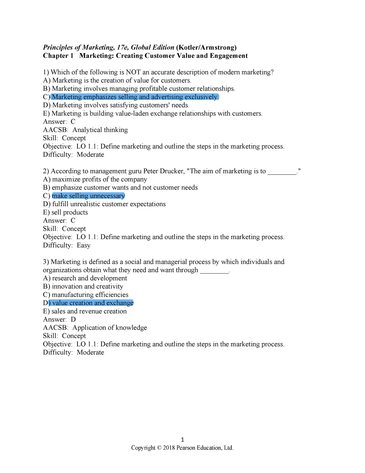 Chapter 1 markting - testbank - 1 Principles of Marketing, 17e, Global ...