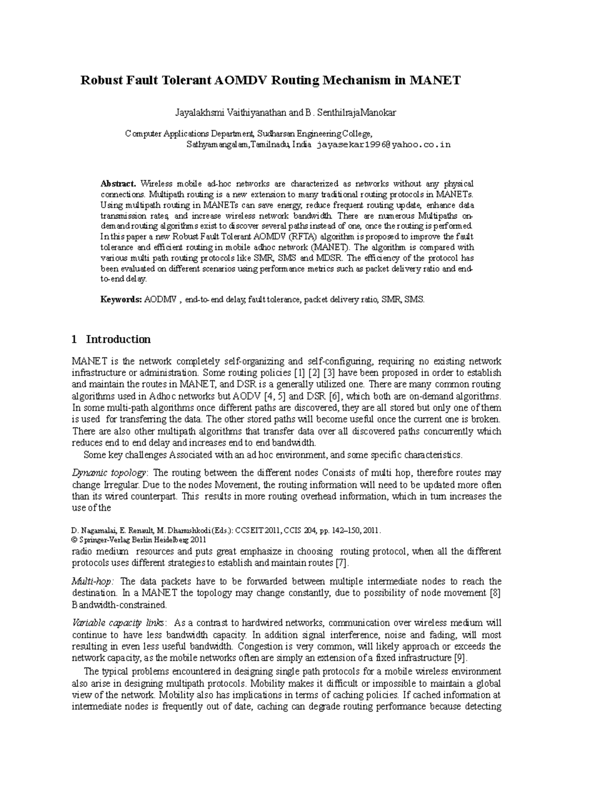 Robust Fault Tolerant Aomdv Routing Mechanism in Manet - Robust Fault ...