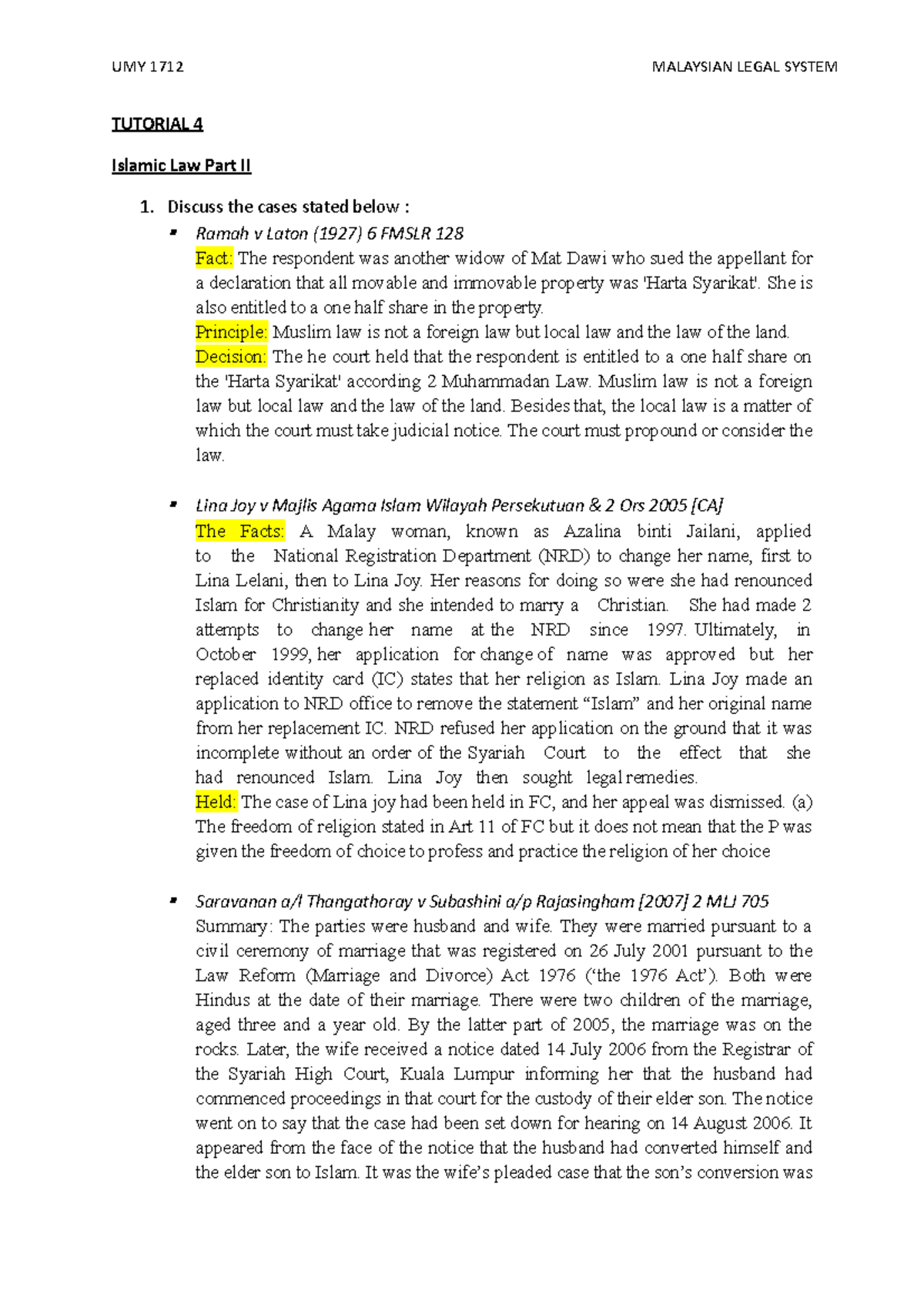 Tutorial 4 - TUTORIAL 4 Islamic Law Part II Discuss the cases stated ...