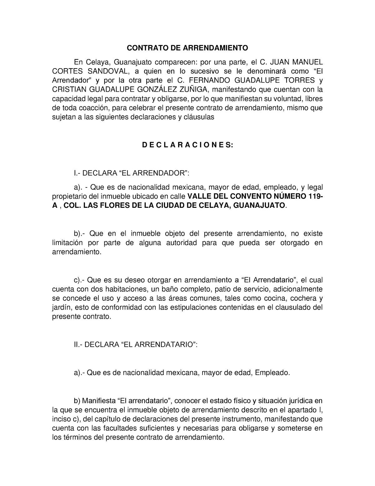 Contrato De Arrendamiento Contrato De Arrendamiento En Celaya Guanajuato Comparecen Por Una 9018