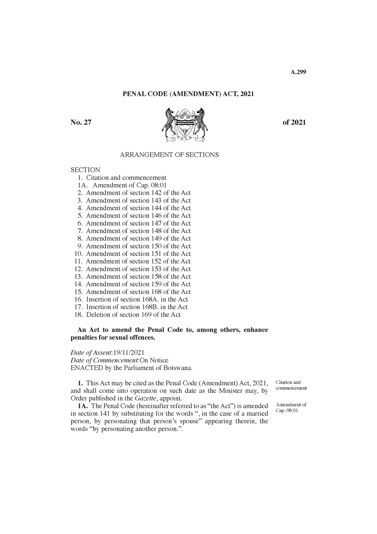 2021-penal-code-amendments-a-penal-code-amendment-act-2021-arrangement-of-sections