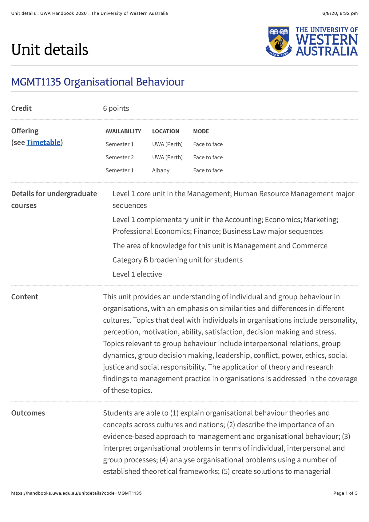 MGMT1135 Unit Outline - Unit Details : UWA Handbook 2020 : The ...