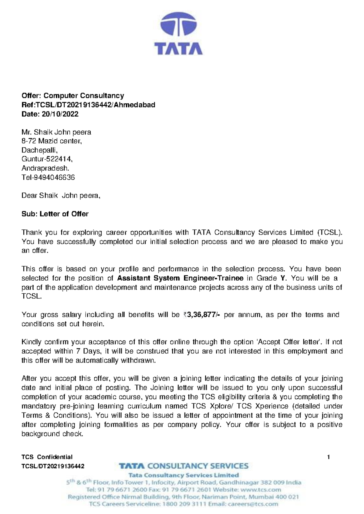 Offer letter of john - TCS Confidential 1 Offer: Computer Consultancy